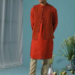 Fabindia Rust Cotton Regular Fit Self Pattern Nehru Jacket image 4