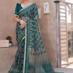 MIRCHI FASHION Teal Blue Printed Saree With Unstitched Blouse-picture-12