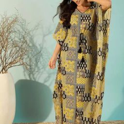 The Kaftan Company Yellow Cotton Printed Kaftan-image-4