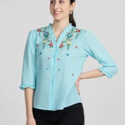 SHAYE Blue Cotton Embroidered Top-image-64