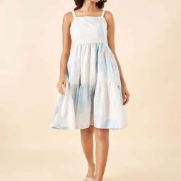 Akkriti by Pantaloons Dream Blue Linen Printed A-Line Dress-image-85