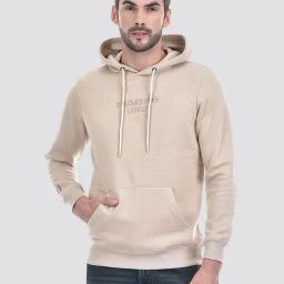 NUMERO UNO Beige Regular Fit Solid Hooded Neck Brushed Fleece Sweatshirt-image-7