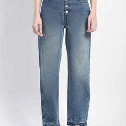 MADAME Blue Cotton Relaxed Fit High Rise Jeans-image-78