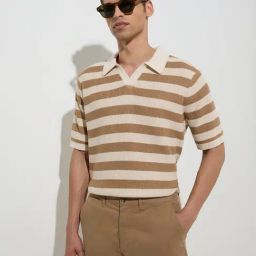 Ascot by Westside Taupe Striped Relaxed-Fit Cotton-Blend Polo T-Shirt-image-70