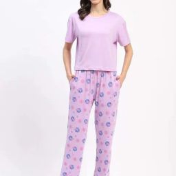MADAME M Secret Purple Printed T-Shirt Pyjamas Set-image-11