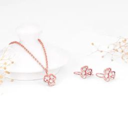 GIVA 92.5 Sterling Silver Rose Gold Three Leaf Clover Necklace & Earring Set-image-6