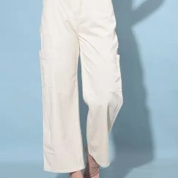 Crimsoune Club Beige Blended Flared Fit Mid Rise Cargo Jeans-image-44
