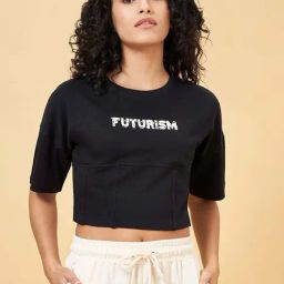 Ajile by Pantaloons Jet Black Cotton Printed Cropped T-Shirt-image-40
