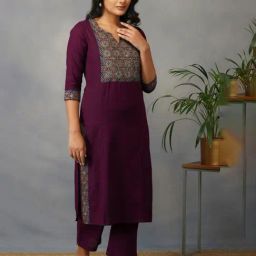 Akiso Bakhair Mulberry (Purple) Straight Kurta With Ajrak Yoke In Zari Embroidery-image-67