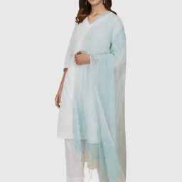 Fabindia Aqua Blue Cotton Floral Print Dupatta-image-67