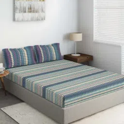DDecor Alpha Printed Beige & Blue 144 TC Cotton Double Bedsheet with 2 Pillow Covers-image-91