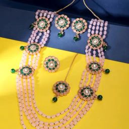 Zaveri Pearls Green & Pink Multistrand Beaded Bridal Necklace Earring Maangtikka Ring Set-ZPFK14384-image-54