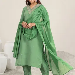 Gerua By Libas Floral Embroidered V-Neck Straight Kurta With Salwar And Dupatta-picture-35