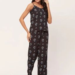 Moomaya Black Floral Print Top With Pyjamas-picture-10