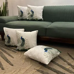 LUSHLYF White & Green 5 Pieces Royal Peacock Printed Velvet Square Cushion Covers-3