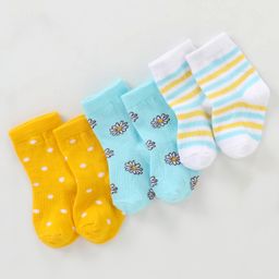 Cutewalk By Babyhug Anti Bacterial Ankle Length Non Terry Socks Floral Design Pack of 3- Yellow & Blue-image-97