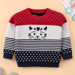 ToffyHouse 100% Cotton Full Sleeves Pullover Sweater with Kitty Design - Navy Blue & Red-image-56