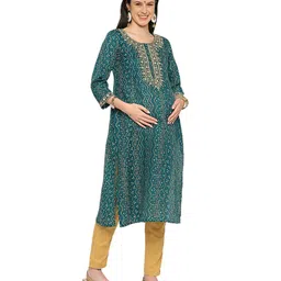 Mom for sure by Ketki Dalal Three Fourth Sleeves Bandhani Design & Mirror Work Embellished Maternity Kurta With Concealed Zipper Nursing Access - Green-picture-9