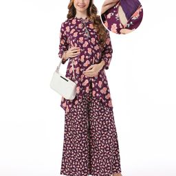 Bella Mama Viscose Woven Floral Print Maternity Suit Set  with Pocket- Wine-picture-16