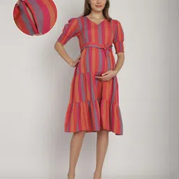 Moms Maternity Half Sleeves Striped Tiered Dress With Concealed Zipper Nursing Access - Pink-picture-44