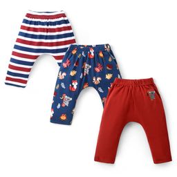 Babyhug Interlock Cotton Knit Full Length Striped  Diaper Leggings with Animal Print Pack of 3 - Multicolour-image-89