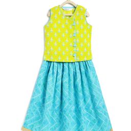 Campana 100% Cotton Sleeveless Floral & Bandhini Printed Lehenga Choli Set - Lime & Turquoise-image-86