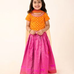 Babyhug Woven Half Sleeves Brocade Floral Embroidered & Printed  Choli Lehenga  Set with Dupatta - Fuschia-image-83