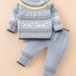 ToffyHouse 100% Cotton Knitted Full Sleeves T-Shirt & Lounge Pants With Argyle Design - Sky Blue-image-63
