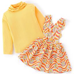 Babyhug Cotton Knit Full Sleeves Top & Floral Printed Skirt With Suspender - Yellow-image-69