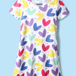 Pine Kids Single Jersey Knit Half Sleeves Nighty with Heart Print - White-image-87