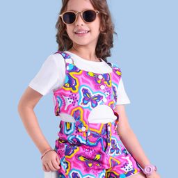 Ollington St. Cotton Twill Butterfly Printed Waistcoat & Shorts with Half Sleeves Inner Knit Top - Fuchsia & White-image-93