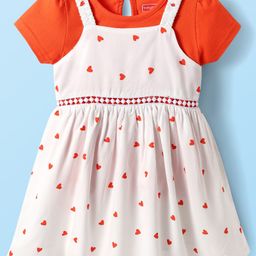 Babyhug Cotton Woven Hearts Printed Frock with Half Sleeves Inner Tee - White & Orange-picture-10