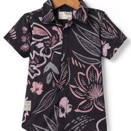 Ruff Satin Woven Half Sleeves Floral Printed Party Shirt - Peach & Black-image-3