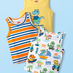 Babyhug 100% Cotton Antibacterial Sleeveless Vests With Stripes & Dino Print Pack Of 3 - Yellow Orange & White-image-11