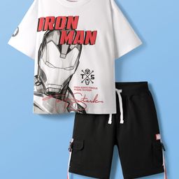 Pine Kids Marvel Single Jersey Knit Half Drop Shoulder Sleeves T-Shirt & Shorts Set With Iron Man Graphics Pocket & Tape Detailing - White & Black-image-84