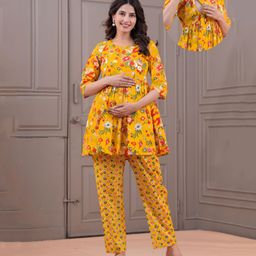 CeleBravo Cotton Woven Three Fourth Sleeves Floral Printed Maternity Ethnic Kurta With Nursing Access & Pant Set - Mustard-image-8