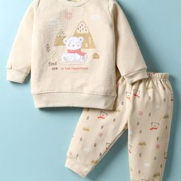 Zero Fleece Knit Full Sleeves Night Suit with Animal Embroidery & Patch - Beige-picture-33