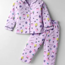 Doreme Single Jersey Knit Full Sleeves Co-Ord Night Suit with Ice Cream & Floral Print - Mauve-image-9