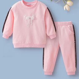 Mark & Mia Cotton Full Sleeves Winter Wear Sweatshirt & Lounge Pant Set With Bow Applique - Pink-picture-2