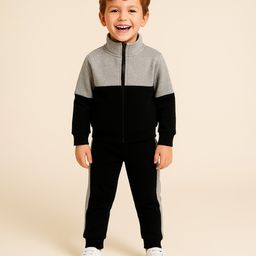 Aww Hunnie Fleece Knit Full Sleeves Colour Blocked High Neck Jacket & Coordinating Joggers Set - Grey-picture-20