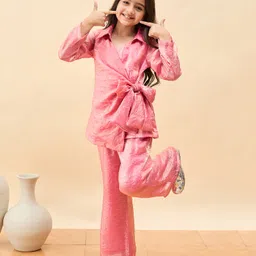 StyloBug Woven Full Sleeves Solid Tie Up Top & Pants Set - Pink-picture-18