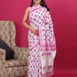 Vanedik Women's Floral Pure Cotton Block Print Saree-52