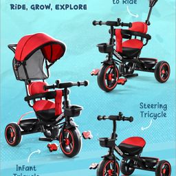 Babyhug  Plug & Play Stallion Tricycle with Parental Push Handle & Foldable Canopy - Red Black image 3