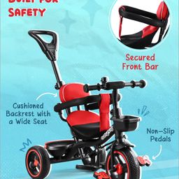 Babyhug  Plug & Play Stallion Tricycle with Parental Push Handle & Foldable Canopy - Red Black image 5