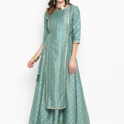 Janasya Women's Green Rayon Crepe Foil Print Flared Ethnic Dress-image-28