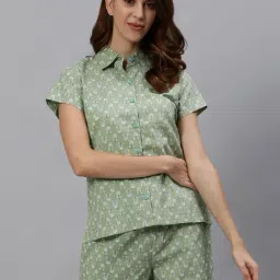 Women Green Ethnic Printed Cotton Loungwear Set with Side Pockets-image-15