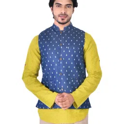 Manthan Blue Cotton Regular Fit Self Pattern Nehru Jacket-image-1