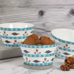 India Circus White & Sky Blue Ceramic 13.2 cm Snack Bowl (0.47 L) - Set of 3-1