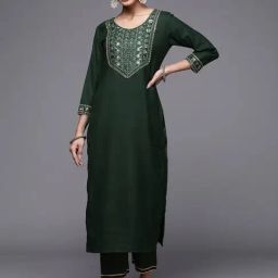 Indo Era Green Cotton Embroidered Straight Kurta-image-23