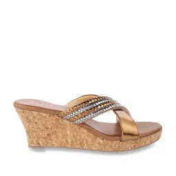 Mochi Women's Gold Cross Strap Wedges-image-93
